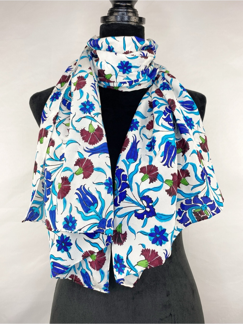 Vintage 100% Silk Turkish-Inspired Floral White Blue Burgundy Scarf 58”X 21”